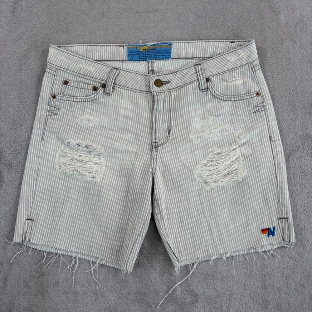 Aviator Nation AV Logo Denim Distressed Striped Shorts Women 29 (Fits 30)‎ USA